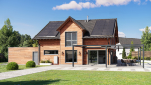 Tesla thuisbatterij die hangt aan een houten huis